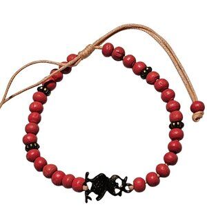 Rustic Brass Owl Charm Bracelet Red Wooden Beaded Natural Cord Tie Boho Jewelry